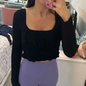 Long sleeve black soft ruche top with square neckline